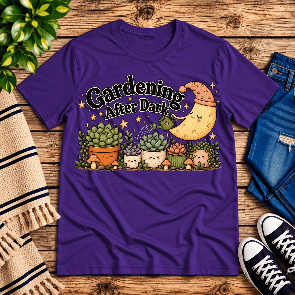 Gardening After Dark nature lover graphic t-shirt cozy flat lay in team purple.