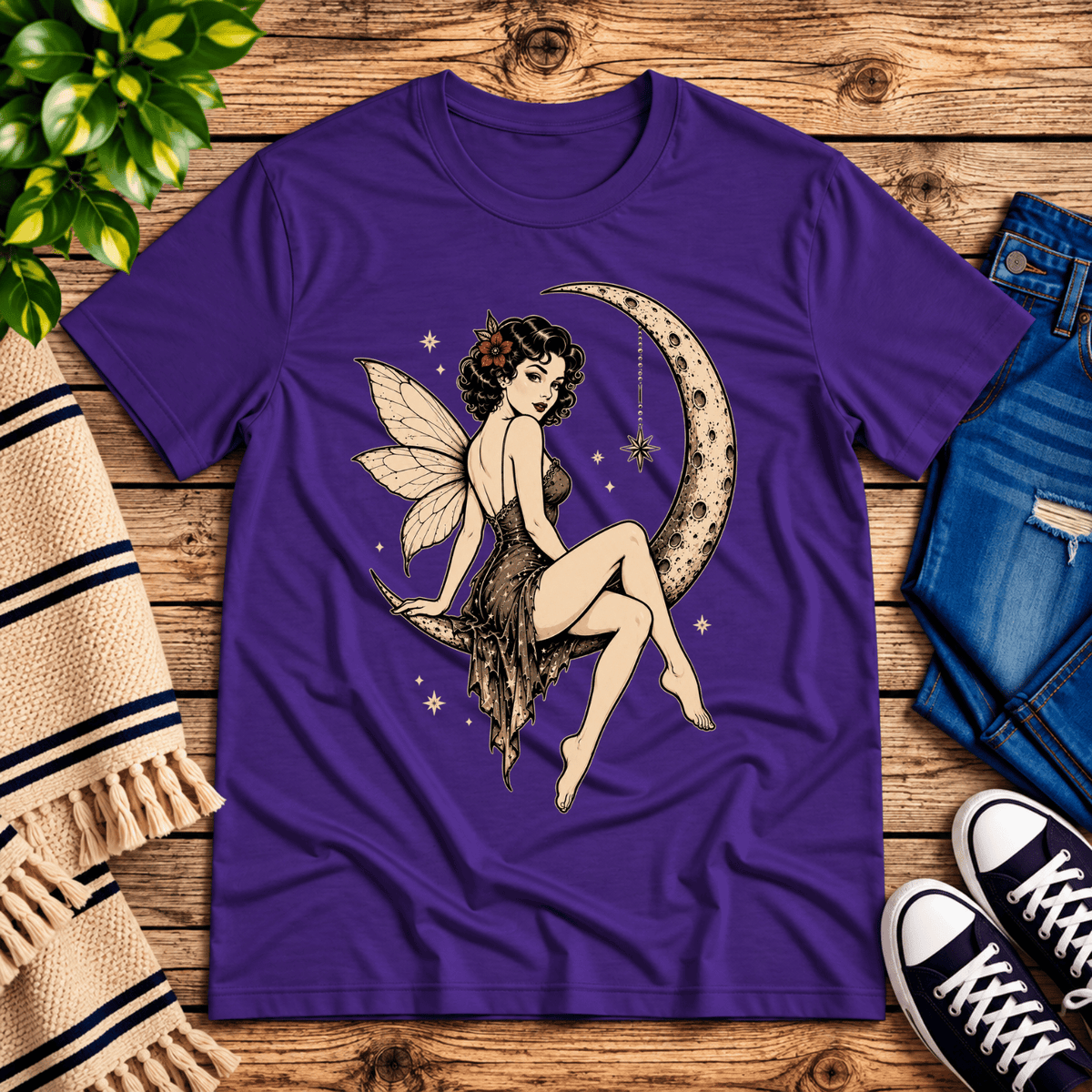 Red Rose Moon pinup fairy graphic t-shirt cozy flat lay in team purple.