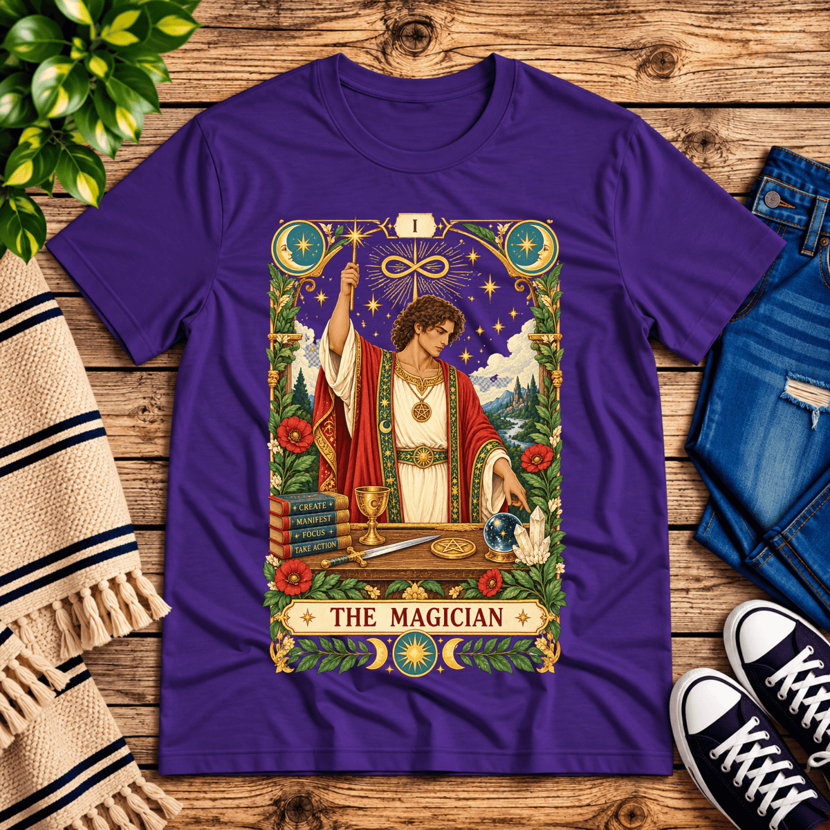 The Magician tarot card graphic t-shirt cozy flat lay in team purple.