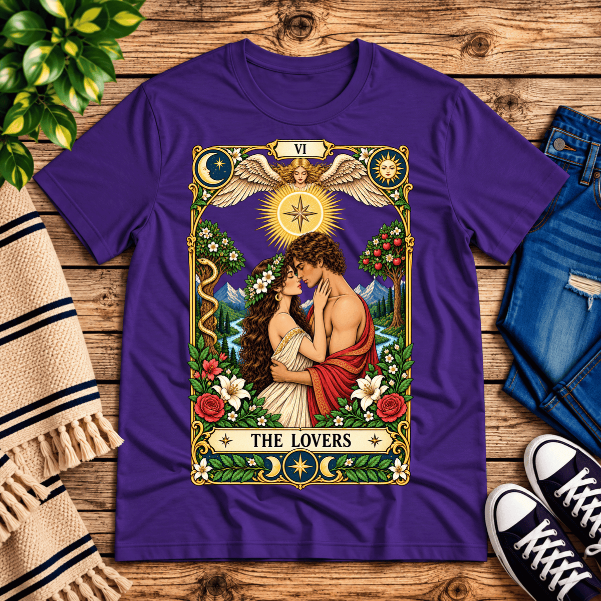 The Lovers tarot card graphic t-shirt cozy flat lay in team purple.