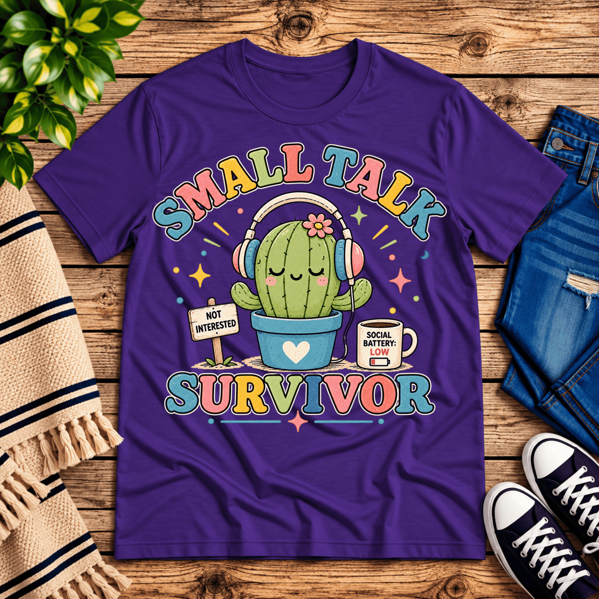 Small Talk Survivor funny plant graphic t-shirt cozy flat lay in team purple.