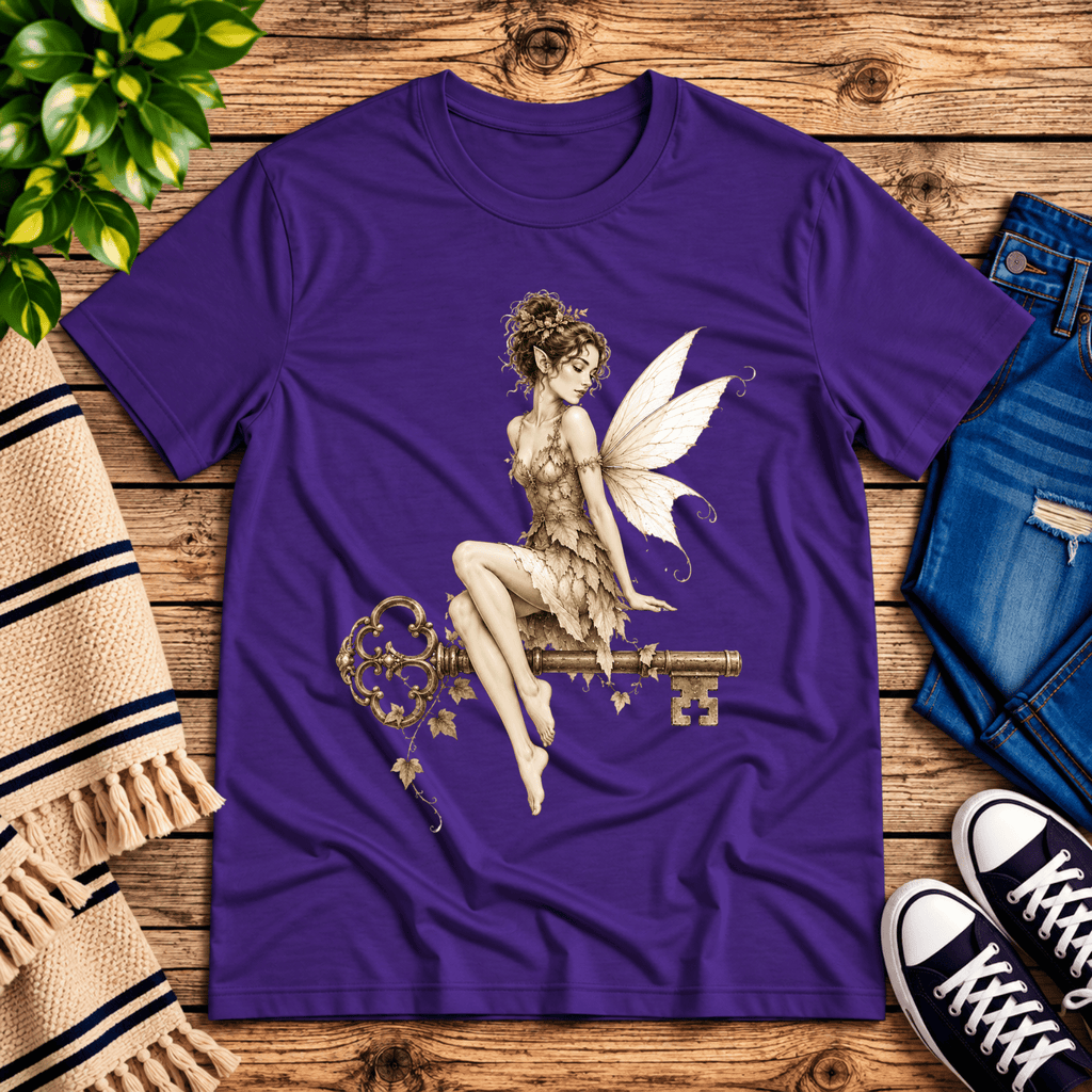 Key Fairy pinup graphic t-shirt cozy flat lay in team purple.
