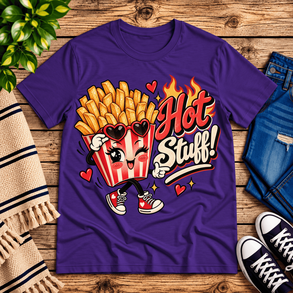 Hot Stuff retro food graphic t-shirt cozy flat lay in team purple.