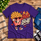 Hot Stuff retro food graphic t-shirt cozy flat lay in team purple.