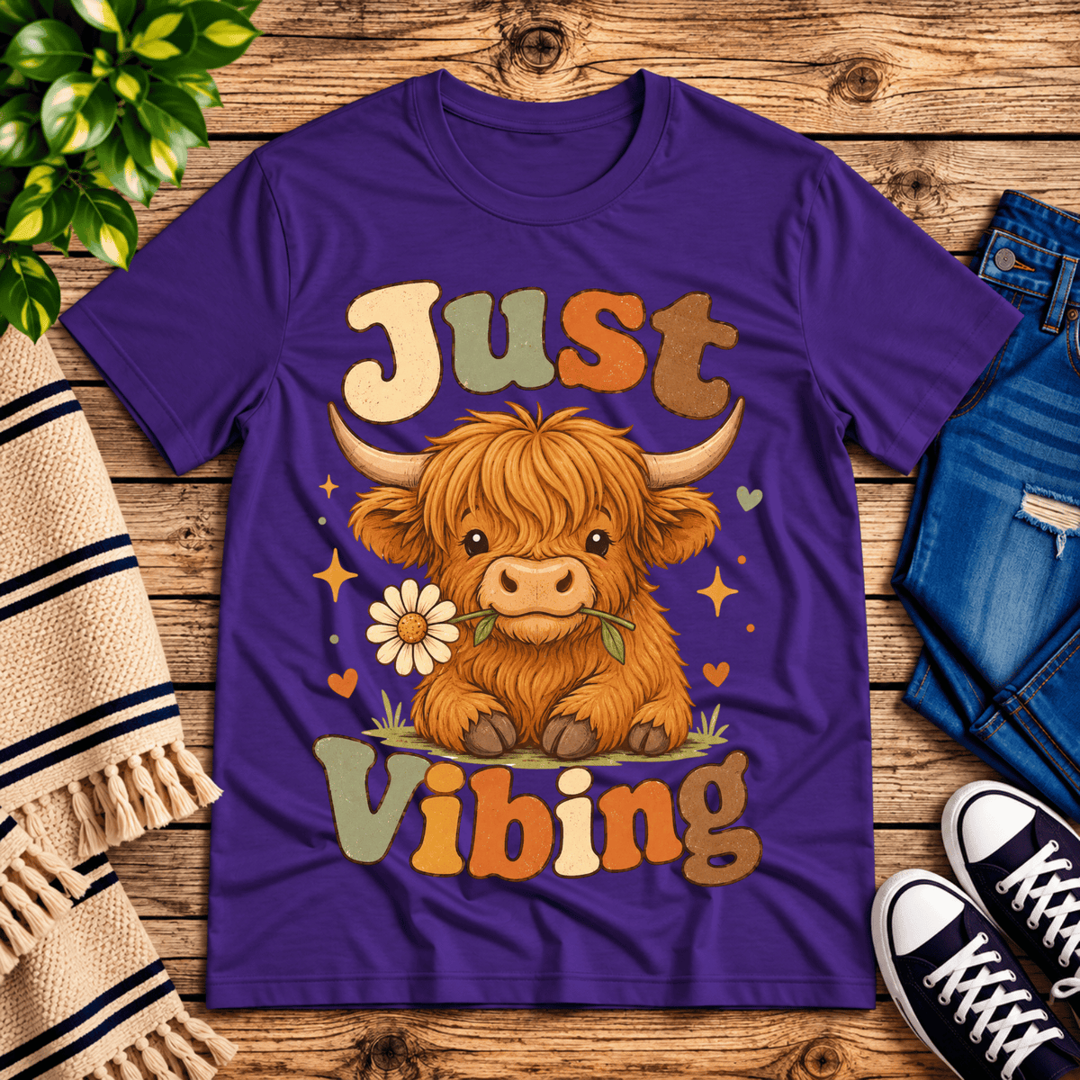 Just Vibing Cow cute animal graphic t-shirt cozy flat lay in team purple.