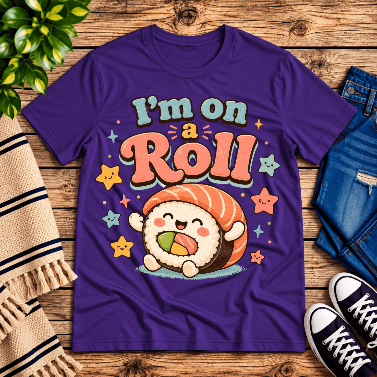 I'm On A Roll cute food graphic t-shirt cozy flat lay in team purple.
