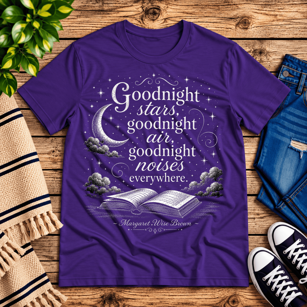 Goodnight Stars book quote graphic t-shirt cozy flat lay in team purple.