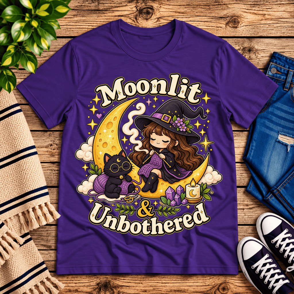 Moonlit & Unbothered cute witchy graphic t-shirt cozy flat lay in team purple.