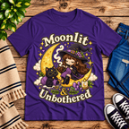 Moonlit & Unbothered cute witchy graphic t-shirt cozy flat lay in team purple.