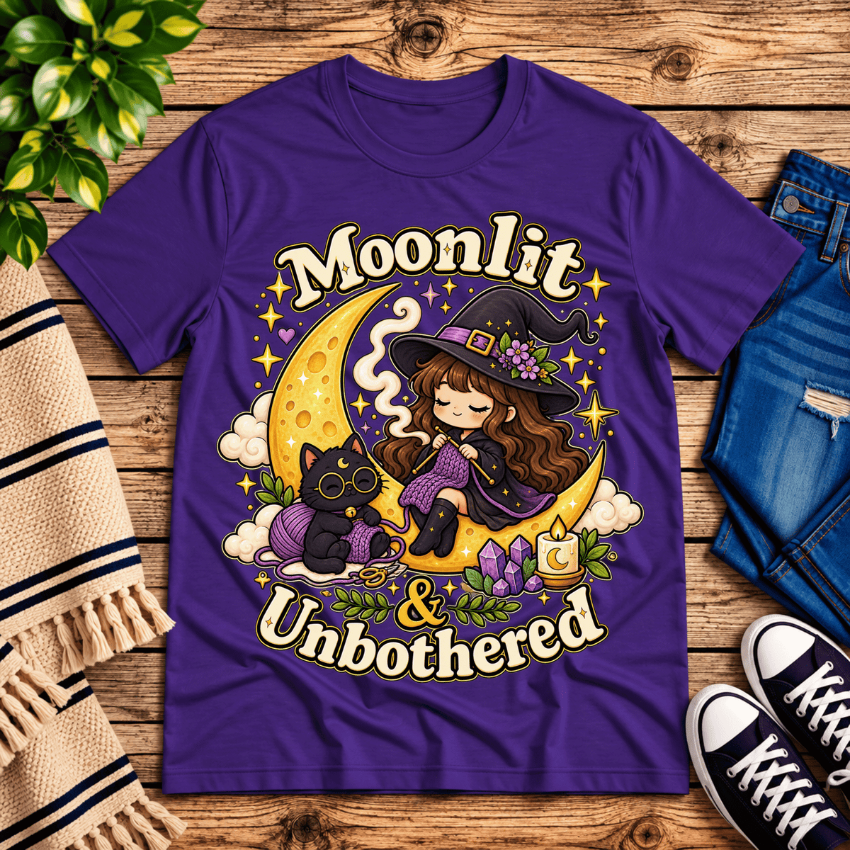 Moonlit & Unbothered cute witchy graphic t-shirt cozy flat lay in team purple.