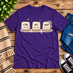 CTRL + ALT + NAP funny introvert graphic t-shirt cozy flat lay in team purple.