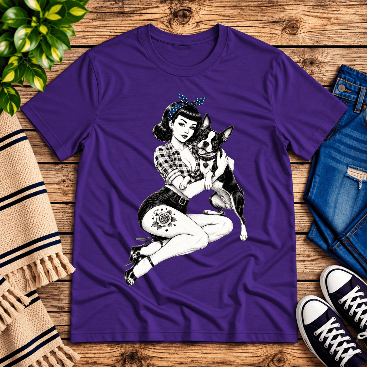 Boston Love pinup graphic t-shirt cozy flat lay in team purple.