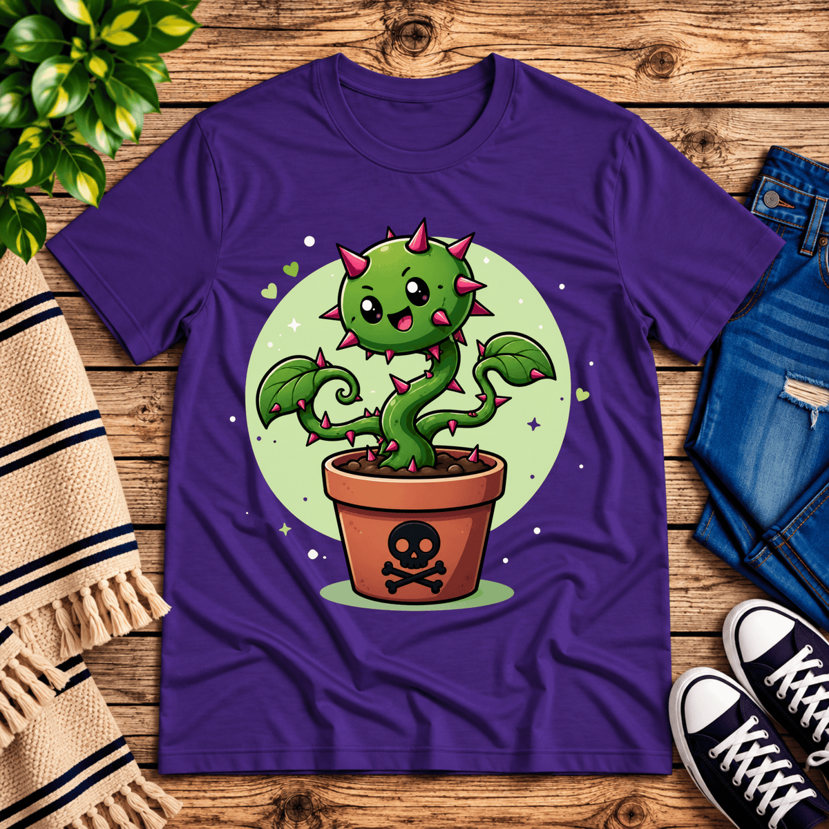 Poison Ivy cute plant graphic t-shirt cozy flat lay in team purple.