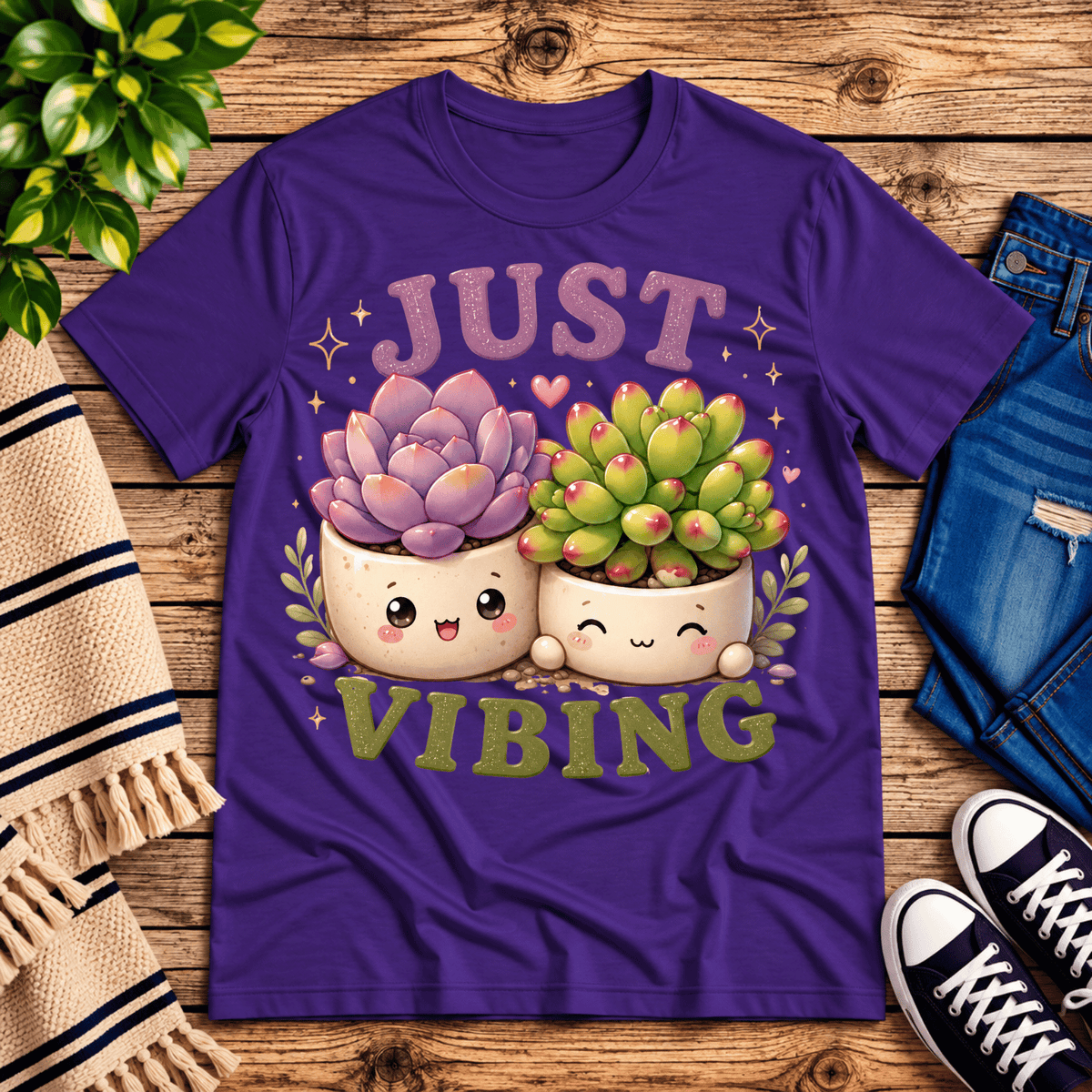 Succulent Vibing funny plant graphic t-shirt cozy flat lay in team purple.