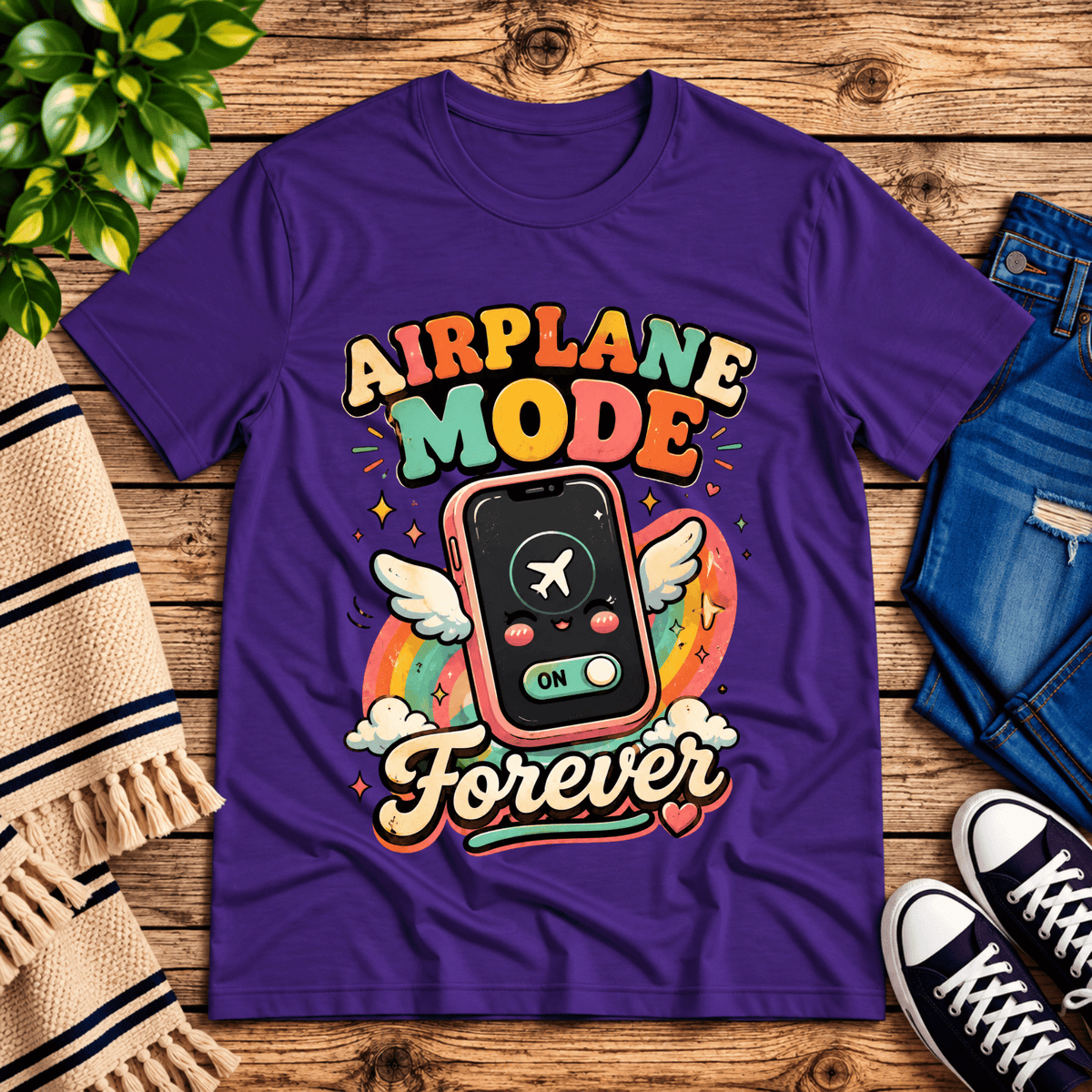 Airplane Mode funny introvert graphic t-shirt cozy flat lay in team purple.