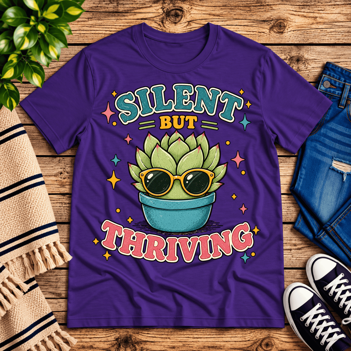 Silent But Thriving cute plant graphic t-shirt cozy flat lay in team purple.