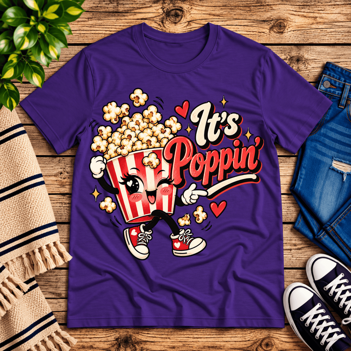 It's Poppin' cute food graphic t-shirt cozy flat lay in team purple.