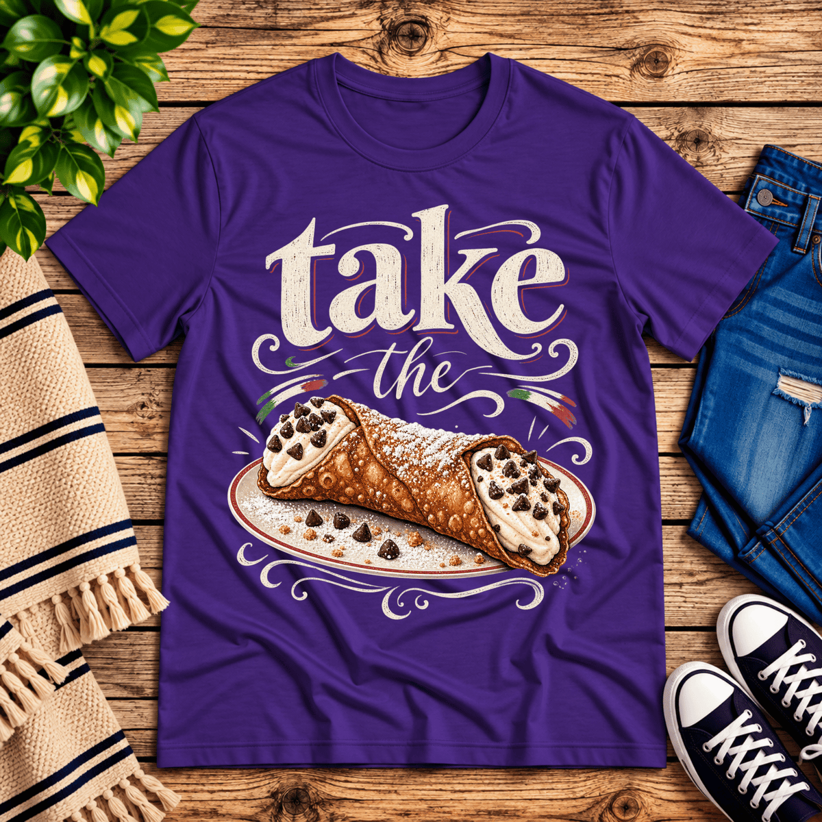 Cannoli cute food graphic t-shirt cozy flat lay in team purple.