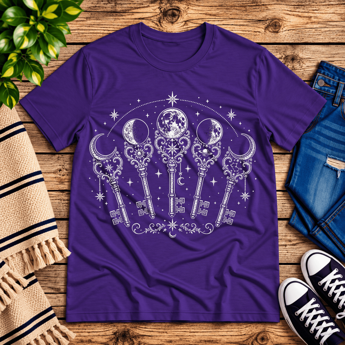 Moon Phase Keys celestial graphic t-shirt cozy flat lay in team purple.