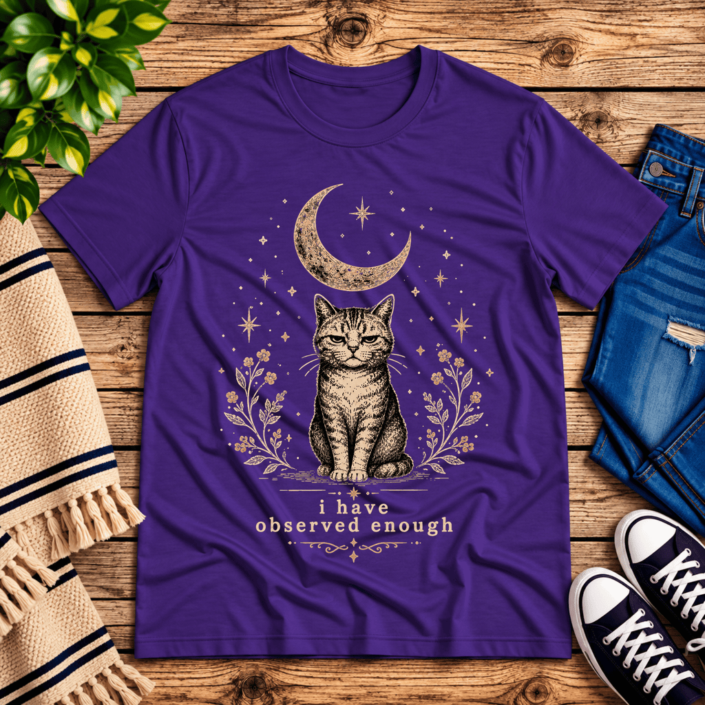 I Have Observed Enough cute animal graphic t-shirt cozy flat lay in team purple.