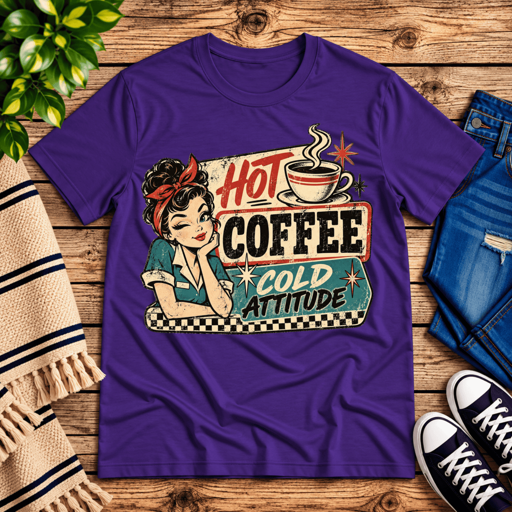 Hot Coffee retro coffee graphic t-shirt cozy flat lay in team purple.