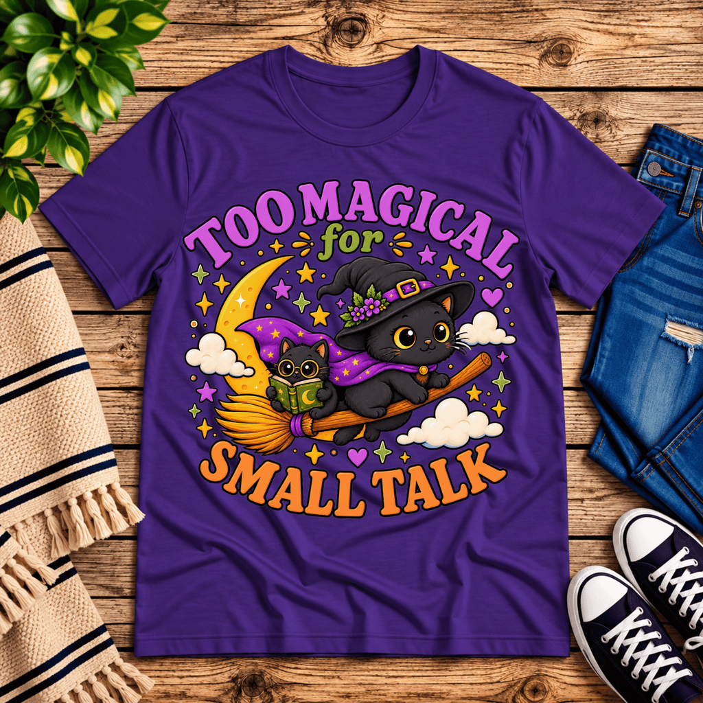 Too Magical cute celestial graphic t-shirt cozy flat lay in team purple.