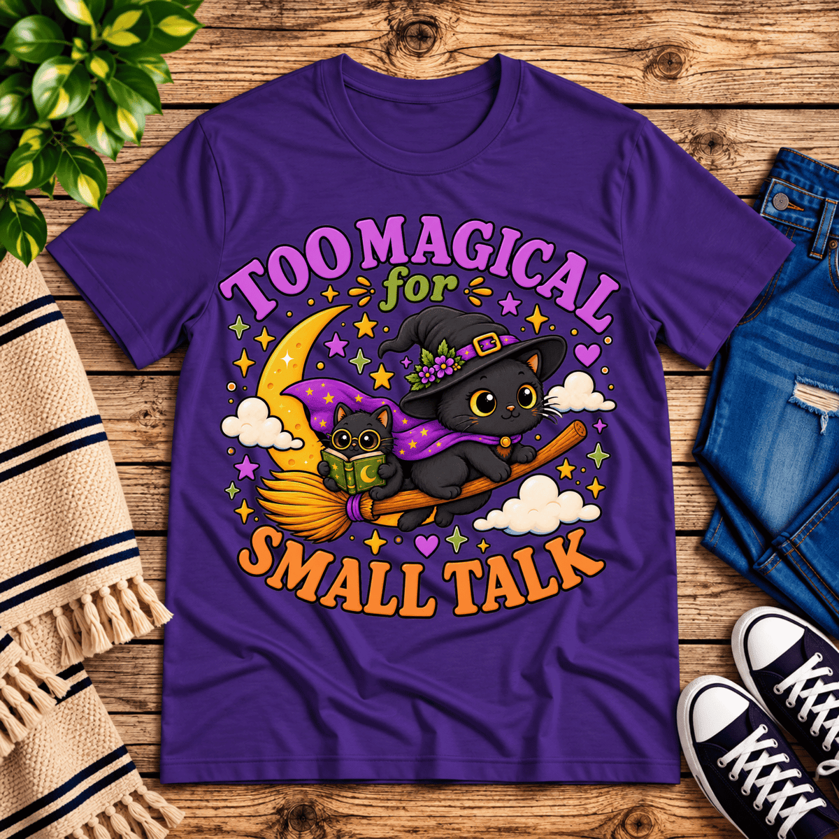 Too Magical cute celestial graphic t-shirt cozy flat lay in team purple.