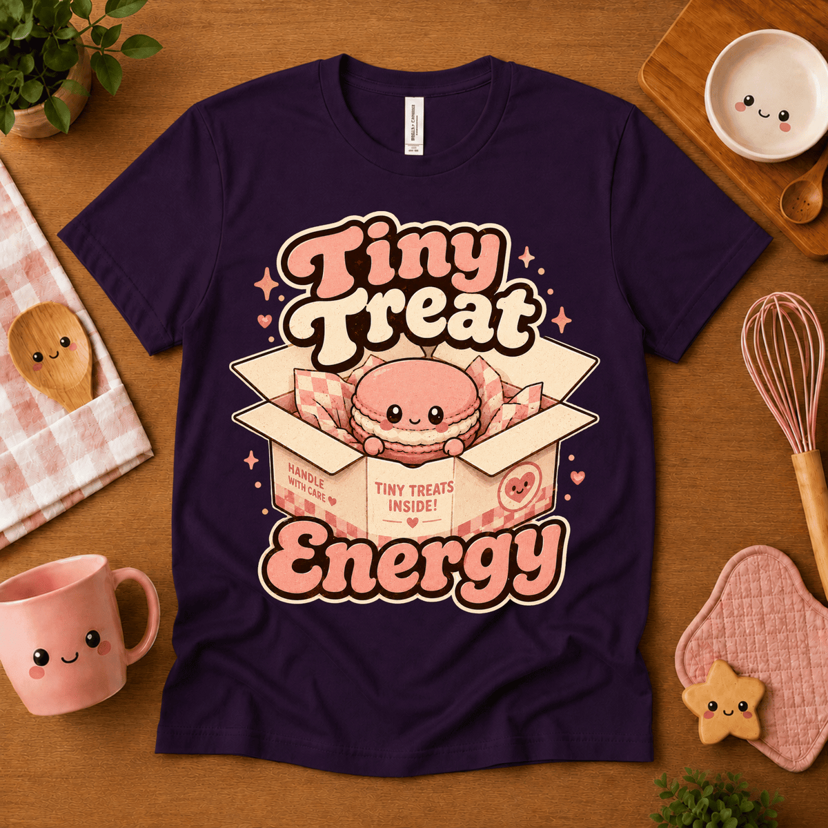 Tiny Treat Energy cute food graphic t-shirt cozy flat lay in team purple.