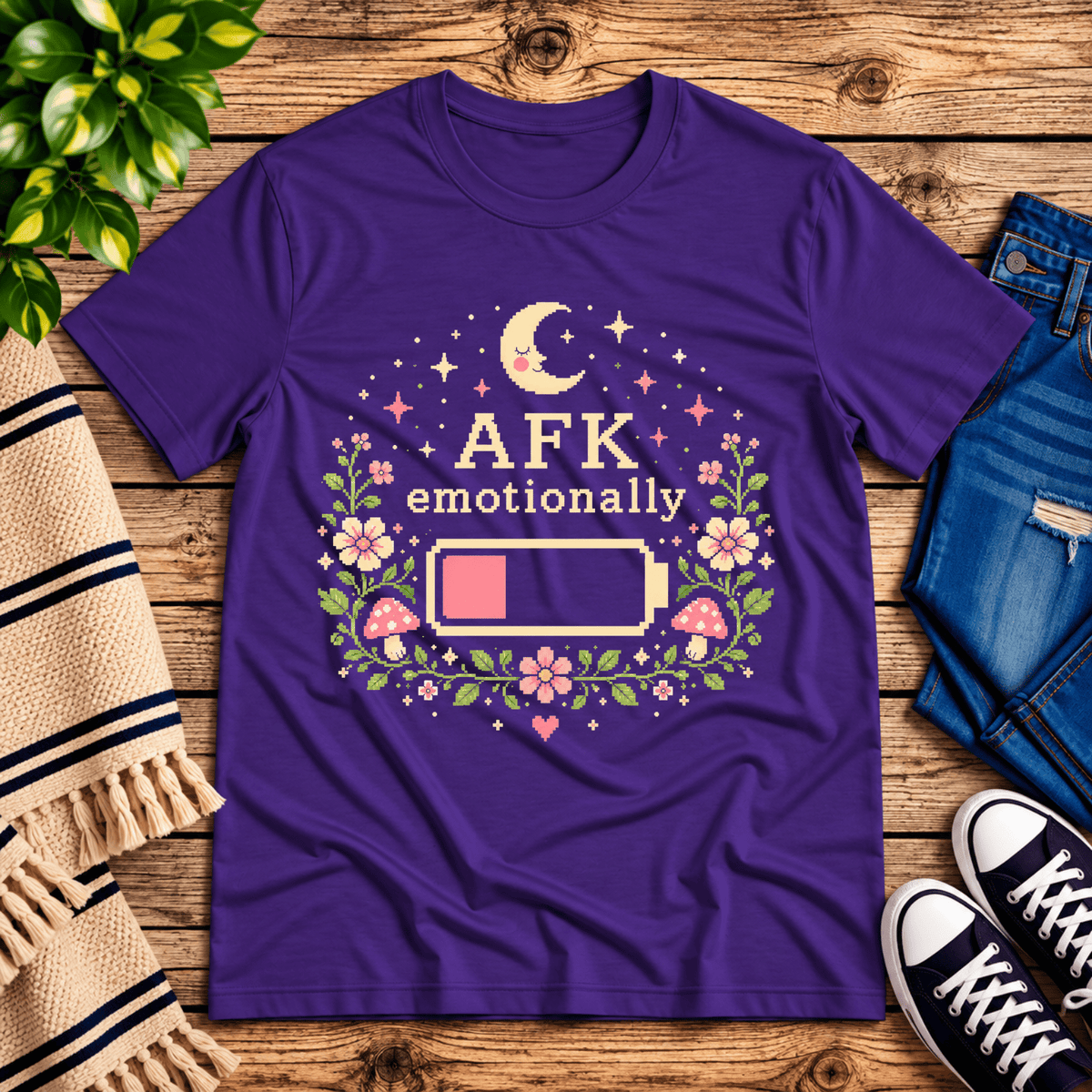 AFK funny introvert graphic t-shirt cozy flat lay in team purple.