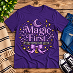 Magic First cute celestial graphic t-shirt cozy flat lay in team purple.