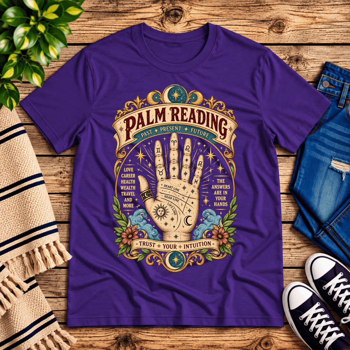 Palm Reading retro mystical graphic t-shirt cozy flat lay in team purple.