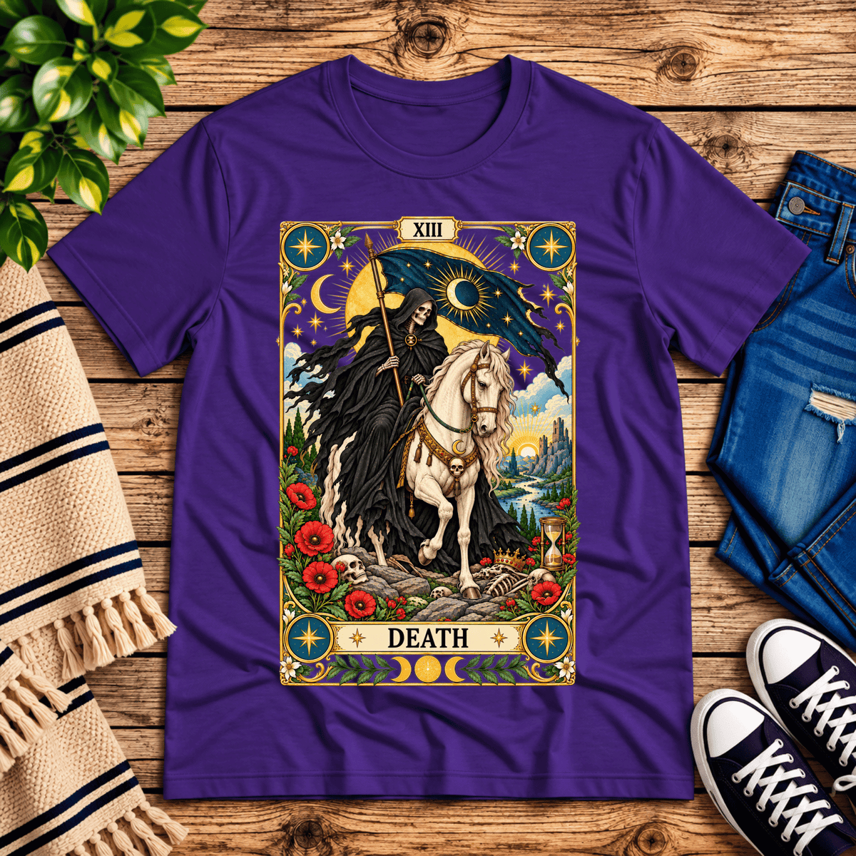 Death tarot card graphic t-shirt cozy flat lay in team purple.