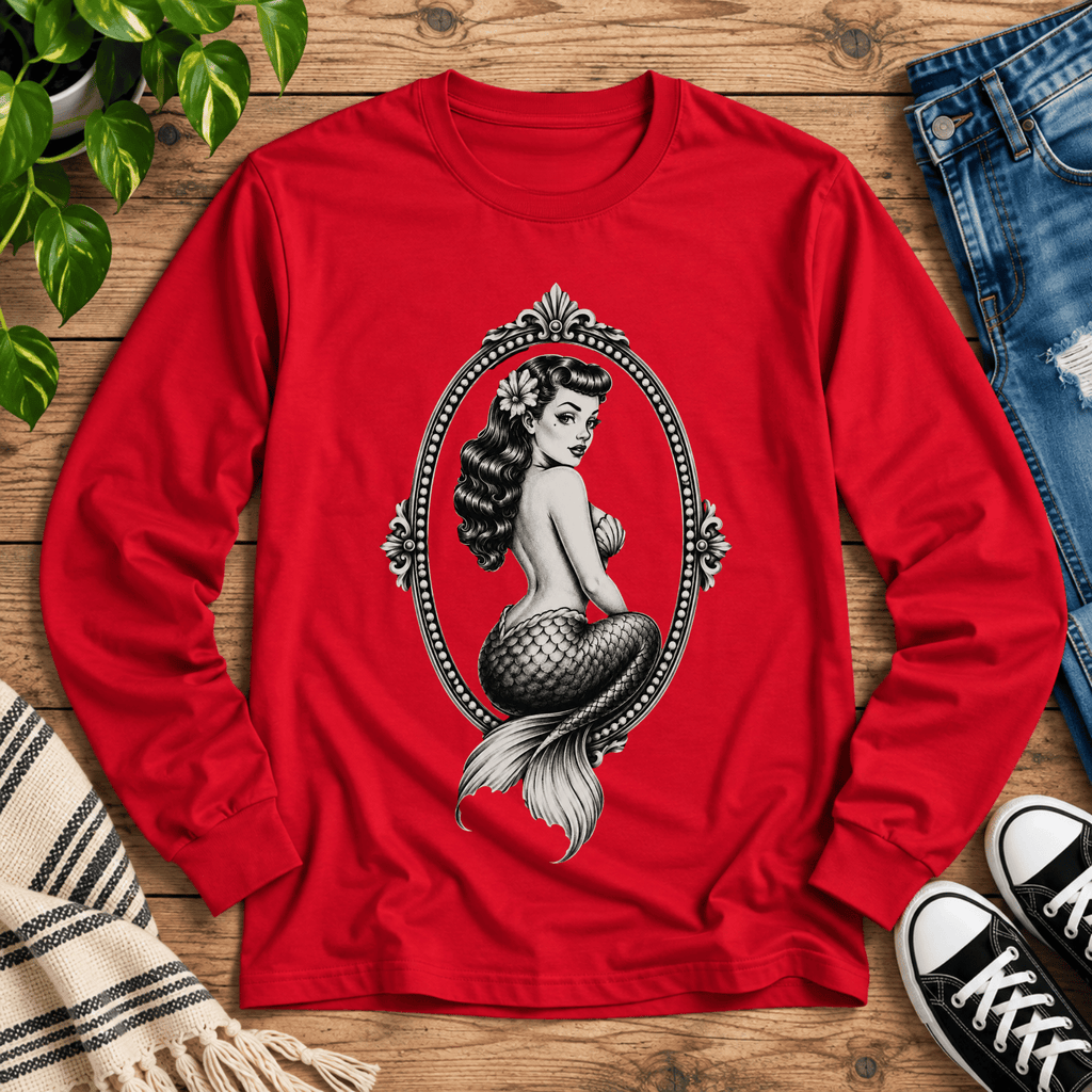 Mermaid Cameo vintage pinup graphic long sleeve t-shirt cozy flat lay in true red.