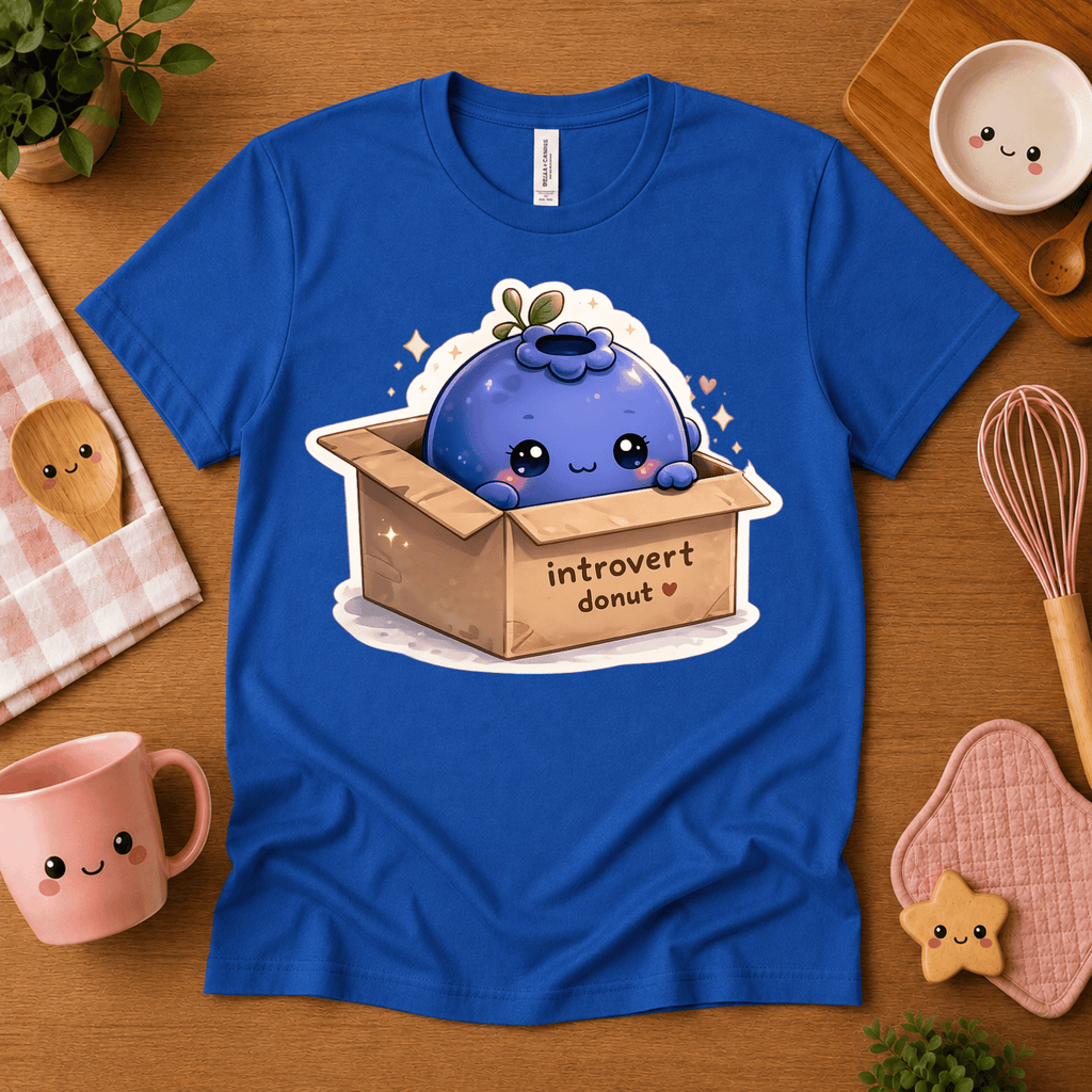 Blueberry Box cute food graphic t-shirt in cozy flat lay in true royal.