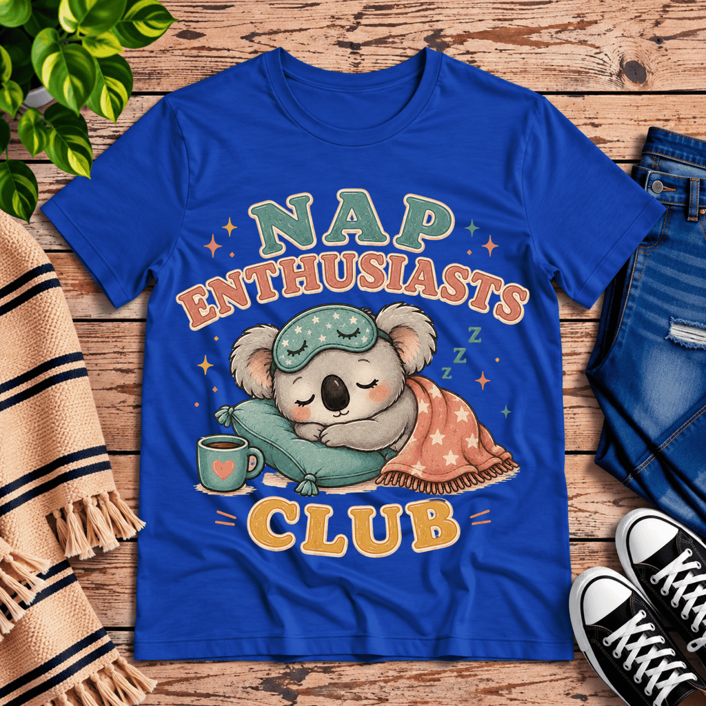 Nap Enthusiasts Club cute animal graphic t-shirt cozy flat lay in true royal.