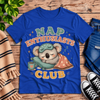 Nap Enthusiasts Club cute animal graphic t-shirt cozy flat lay in true royal.
