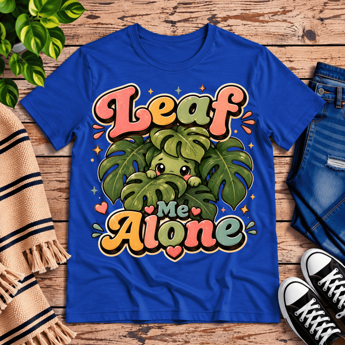 Leaf Me Alone funny nature graphic t-shirt cozy flat lay in true royal.
