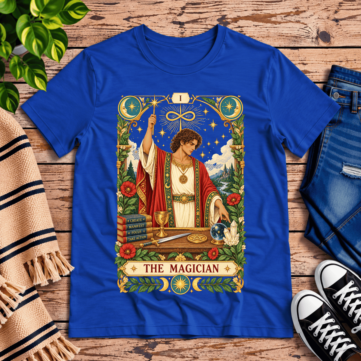 The Magician tarot card graphic t-shirt cozy flat lay in true royal.