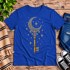 Moonlight Key whimsical celestial graphic t-shirt cozy flat lay in true royal.
