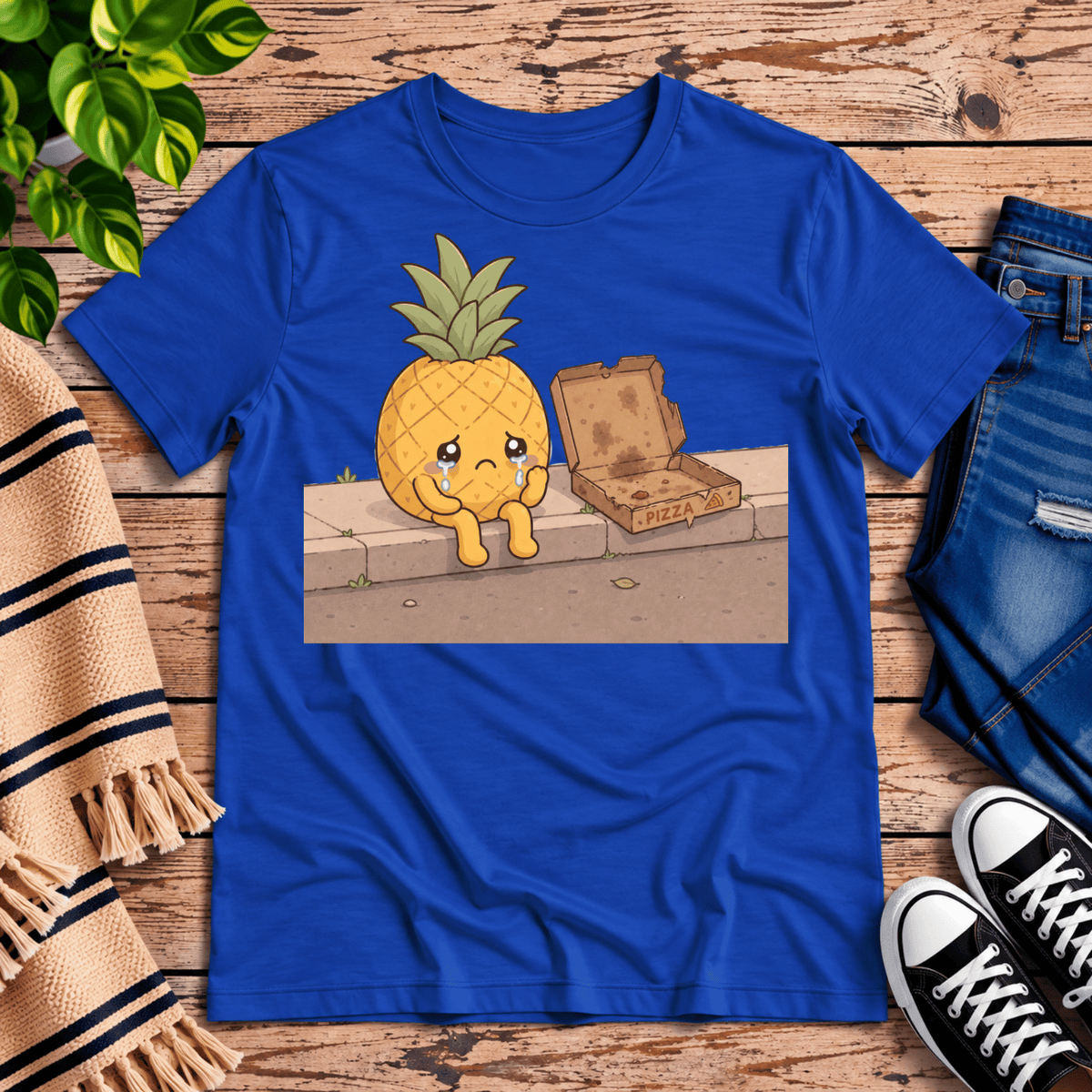 Pineapple Pizza funny food graphic t-shirt cozy flat lay in true royal.