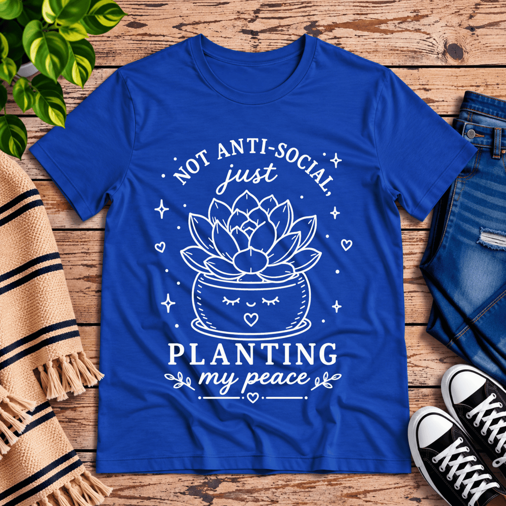 Planting My Peace cute plant graphic t-shirt cozy flat lay in true royal.