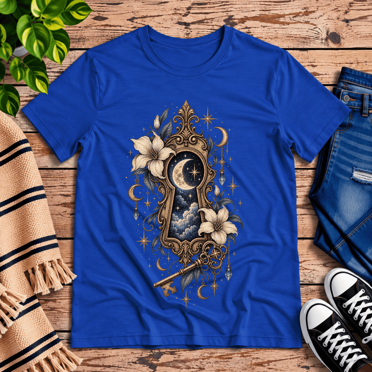 Cosmos Keyhole celestial graphic t-shirt cozy flat lay in true royal.
