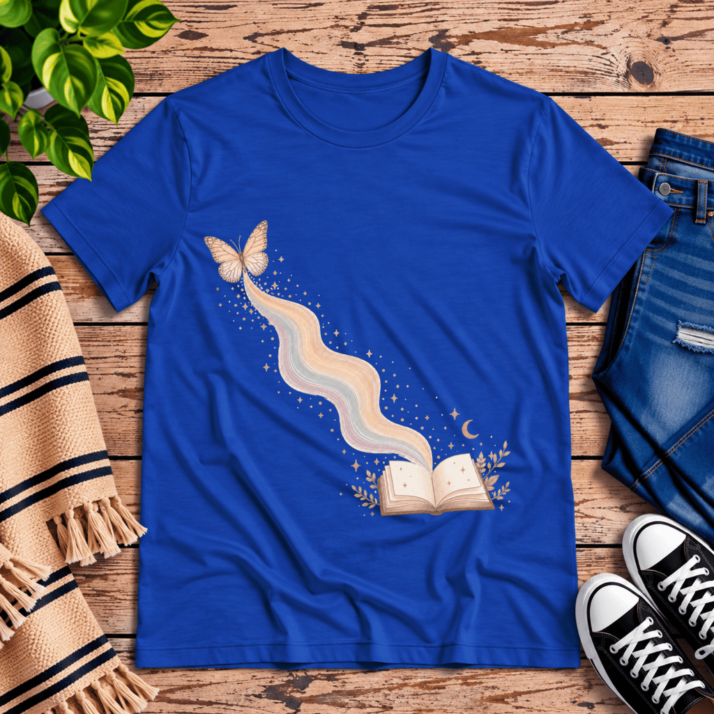 Rainbow Book whimsical book graphic t-shirt cozy flat lay in true royal.