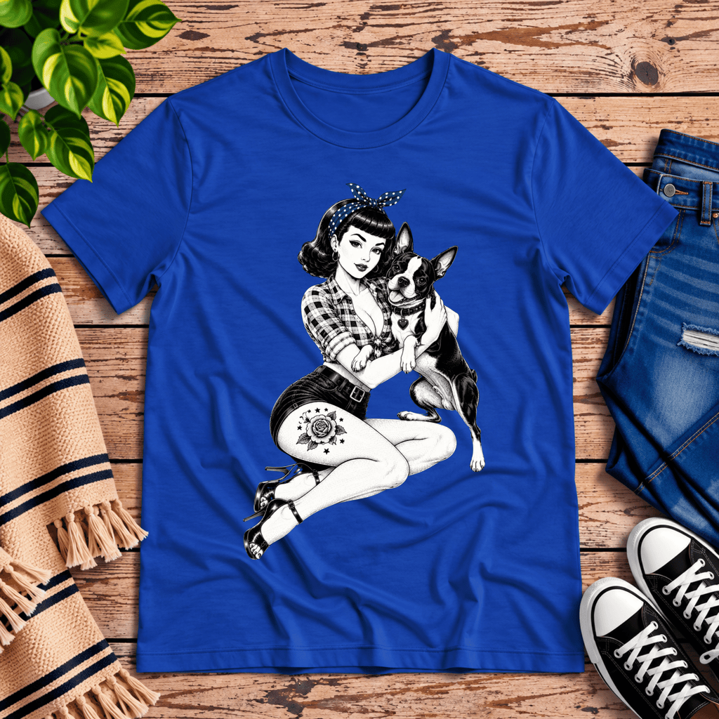 Boston Love pinup graphic t-shirt cozy flat lay in true royal.