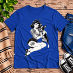 Boston Love pinup graphic t-shirt cozy flat lay in true royal.