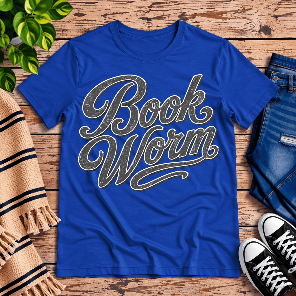 Book Worm book lover graphic t-shirt cozy flat lay in true royal.