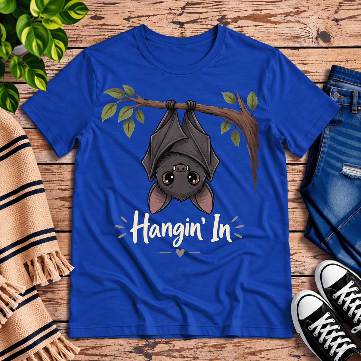Hangin' In cute introvert graphic t-shirt cozy flat lay in true royal.