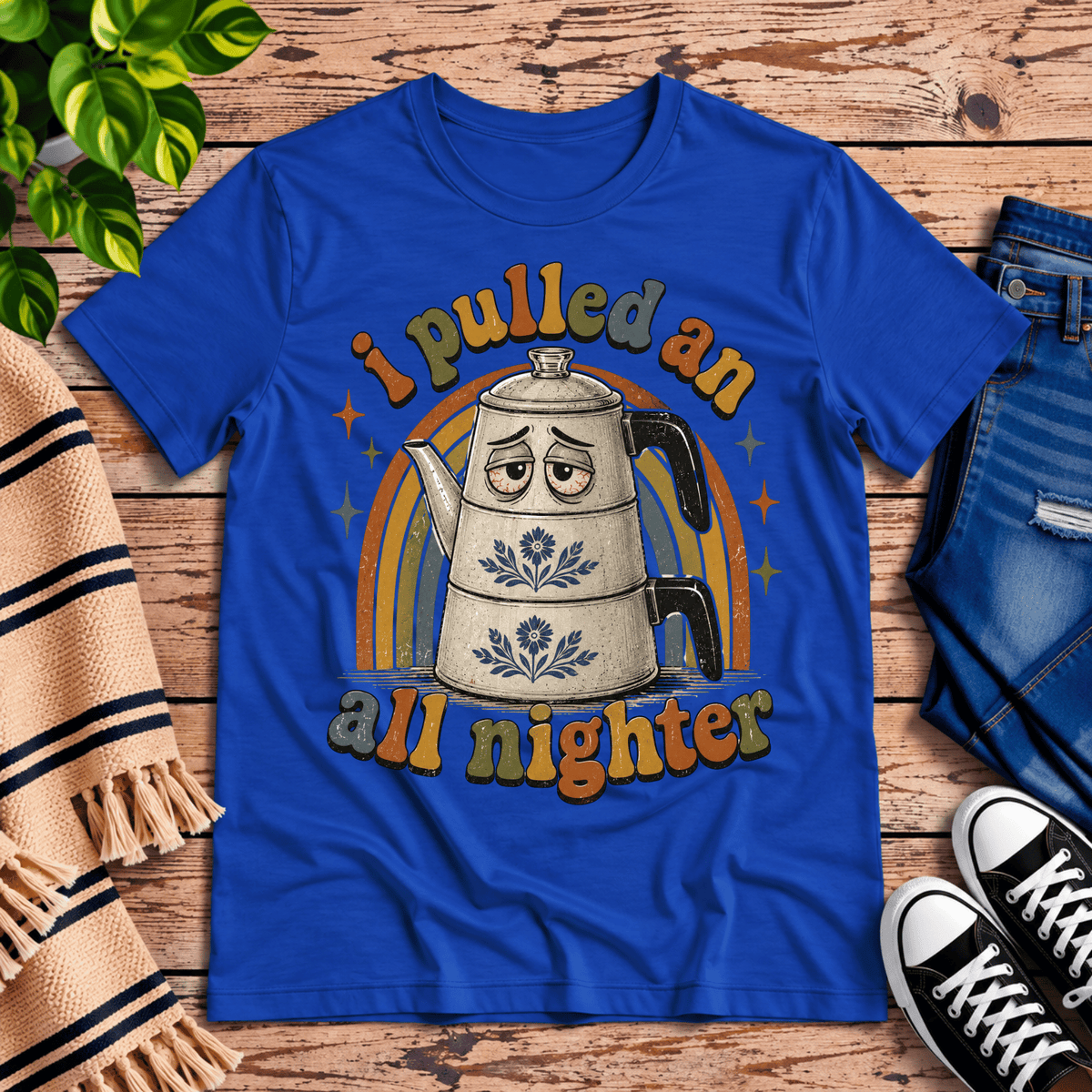 All Nighter cute coffee graphic t-shirt cozy flat lay in true royal.