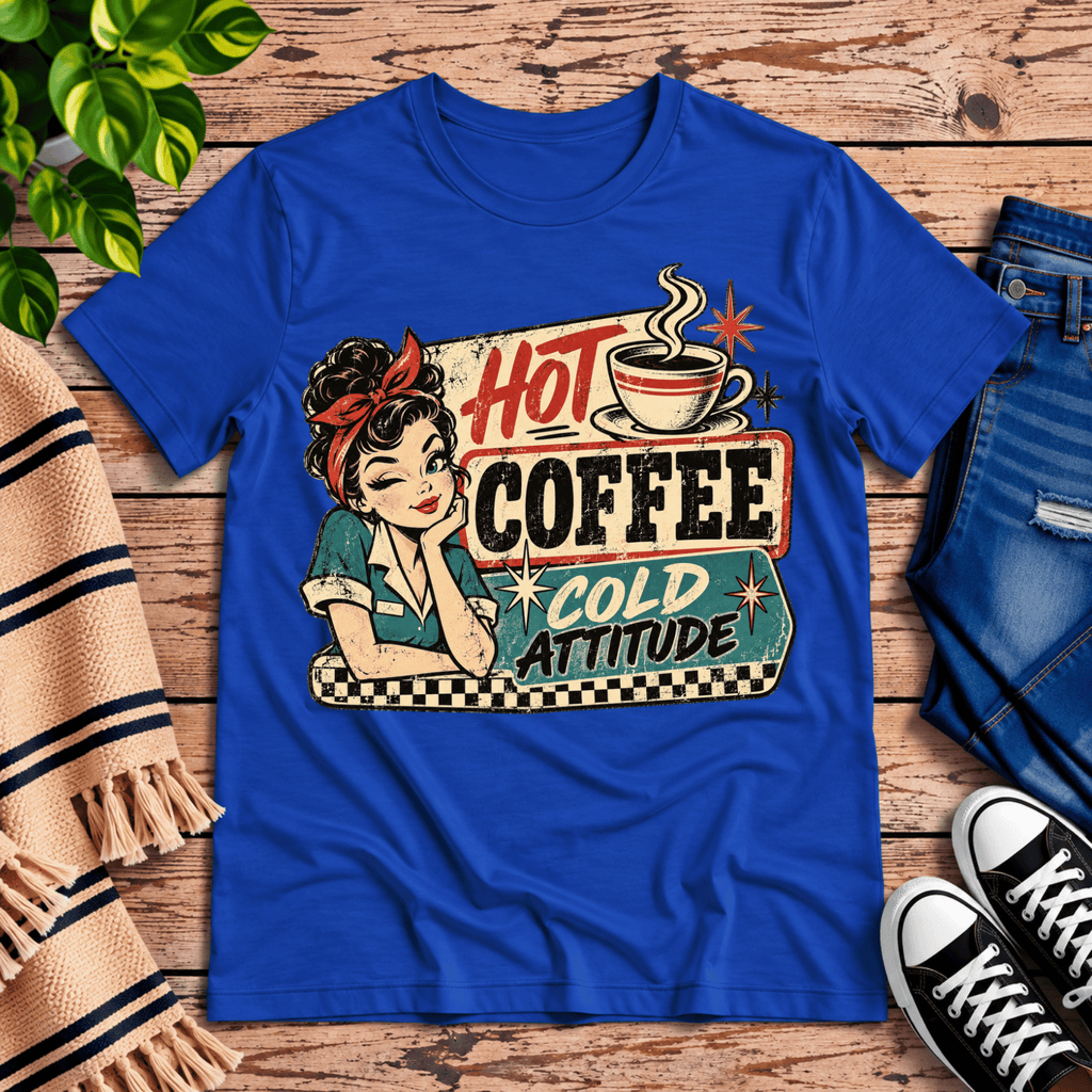 Hot Coffee retro coffee graphic t-shirt cozy flat lay in true royal.