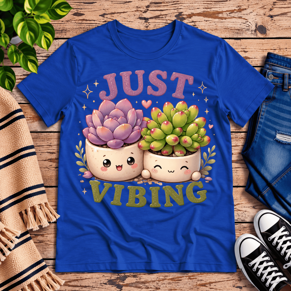 Succulent Vibing funny plant graphic t-shirt cozy flat lay in true royal.